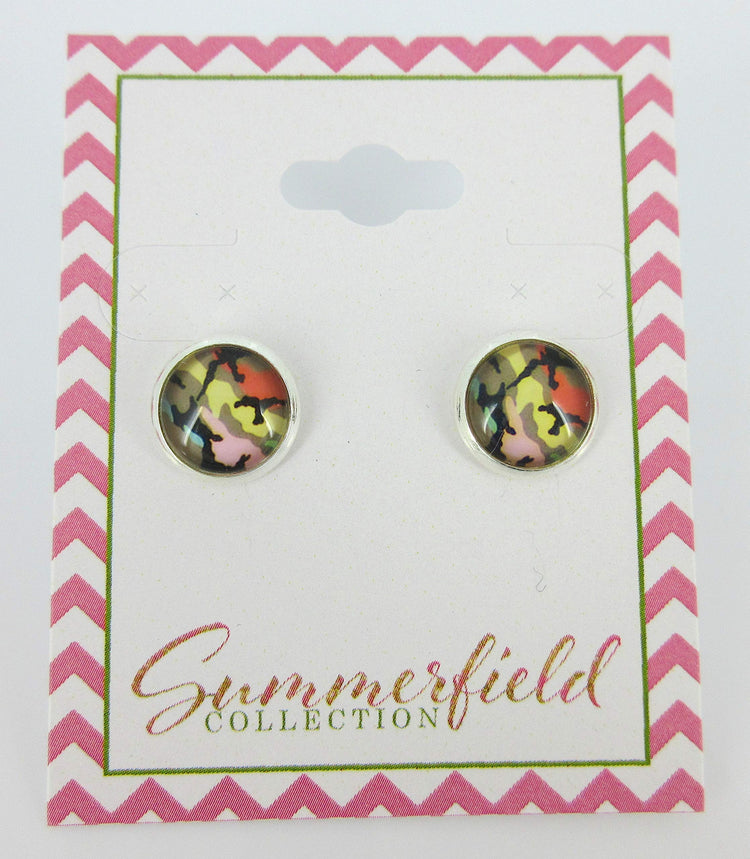 Silver-tone Rainbow Camo Print Glass Stud Earrings 10mm