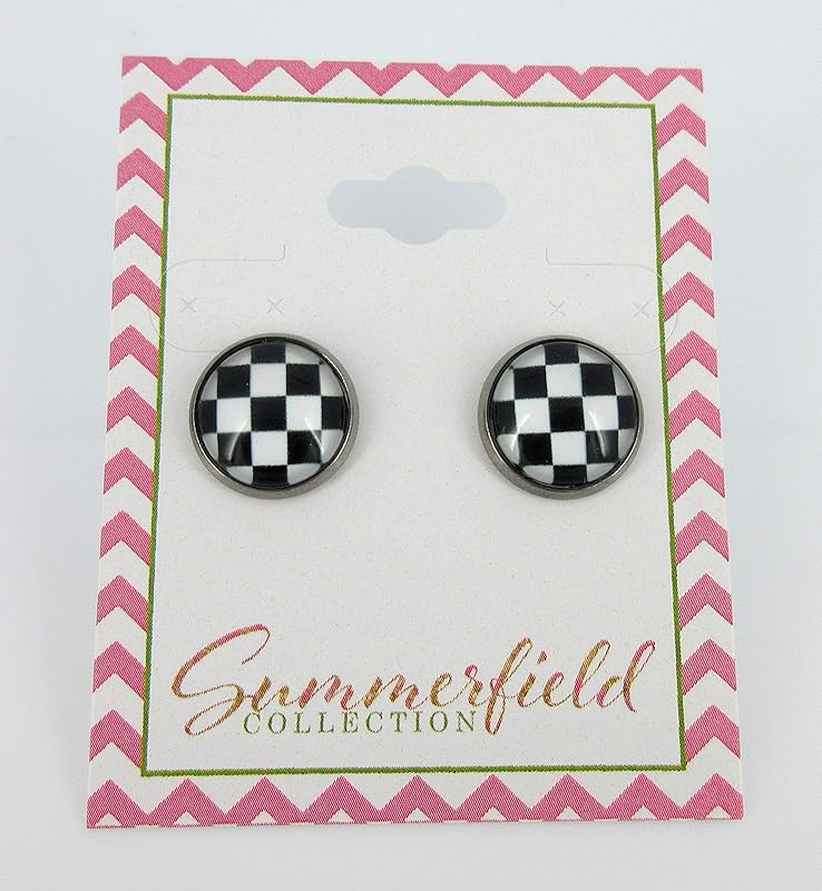 Summerfield Collection Stainless Steel Black and White Checkerboard Print Glass Stud Earrings 12mm