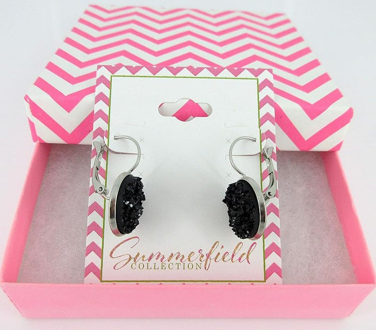 Summerfield Collection Stainless Steel Faux Druzy Stone Lever-back Drop Earrings 14mm (Black)