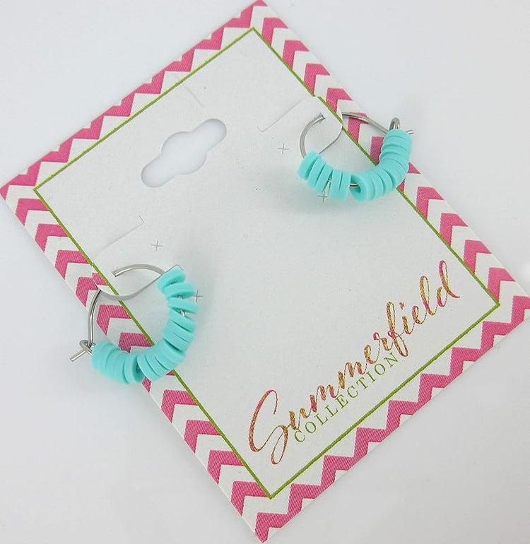 Summerfield Collection 15mm Stainless Steel Polymer Clay Katsuki Bead Hoop Earrings (Aqua Blue)