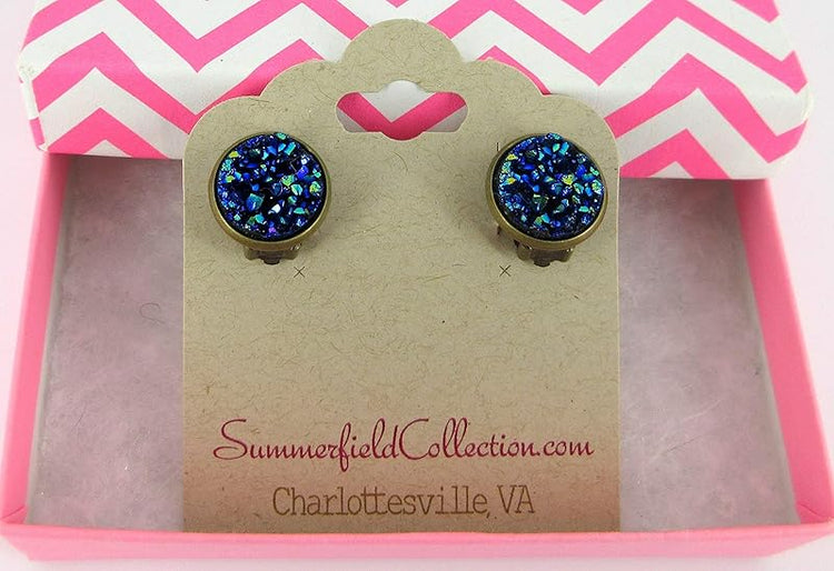 Summerfield Collection CLIP-ON Antiqued Gold-tone Faux Druzy Stone Stud Earrings 12mm (Blue Metallic)