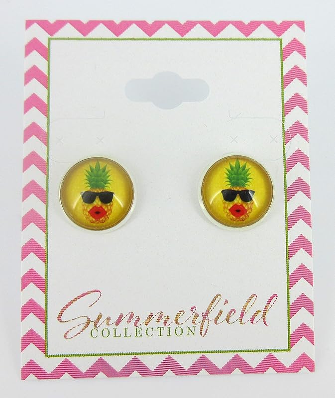Summerfield Collection Silver-tone Pineapple Print Glass Stud Earrings 12mm