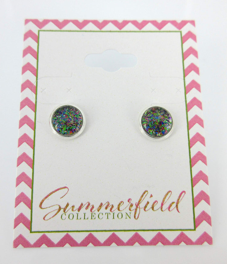 Silver-tone Dark Rainbow Glitter Glass Stud Earrings Hand-painted 8mm