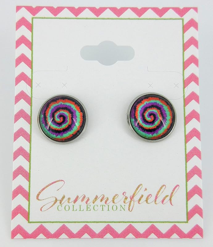Summerfield Collection Stainless Steel Tie Dye Print Glass Stud Earrings 12mm (Halloween Swirl)
