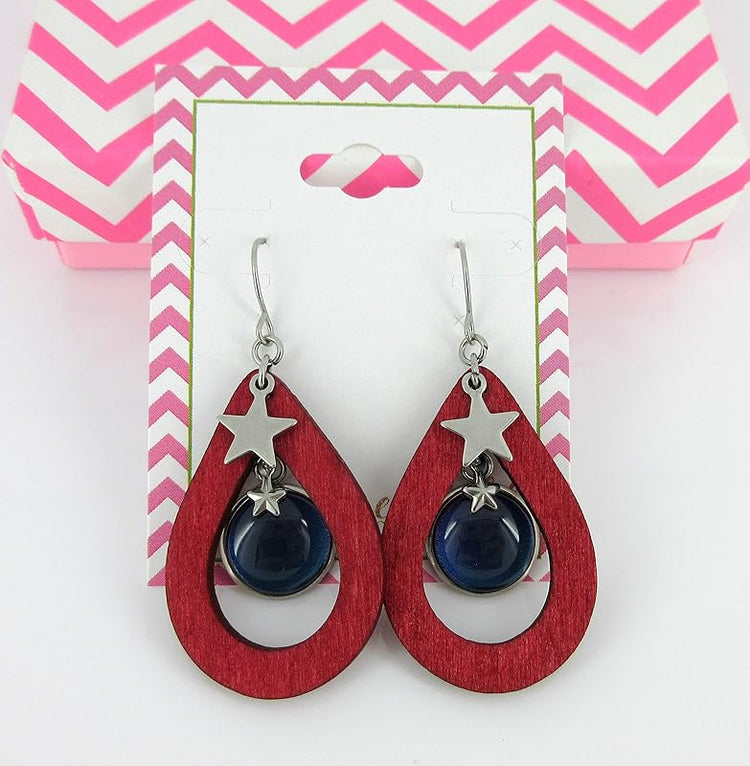 Summerfield Collection Stainless Steel Patriotic Glass Star Charm Teardrop Wood Dangle Earrings Hand-painted