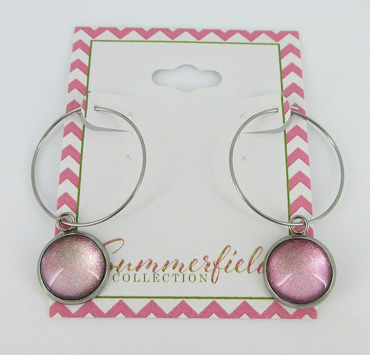 Summerfield Collection Stainless Steel Pink Opalescent Glass Charm Hoop Earrings Hand-painted 1"