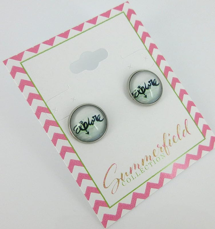Summerfield Collection Stainless Steel Explore Print Glass Stud Earrings 12mm