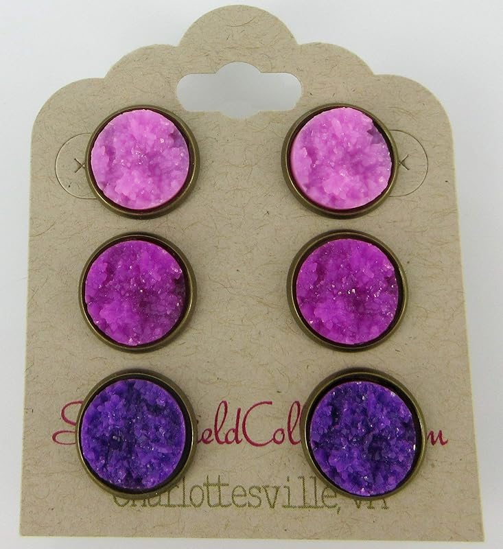 Summerfield Collection Trio Antiqued Gold-tone Purple Faux Druzy Stone Stud Earrings Set 12mm