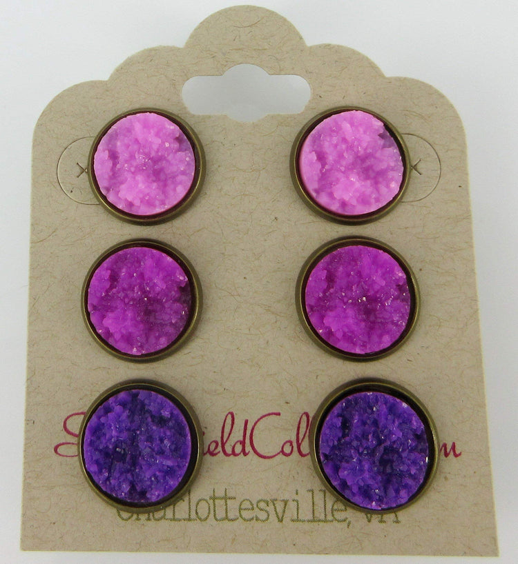 Trio Antiqued Gold-tone Purple Faux Druzy Stone Stud Earrings Set 12mm