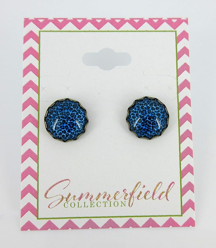 Summerfield Collection Antiqued Gold-tone Animal Print Glass Stud Earrings 12mm (Dark Blue)