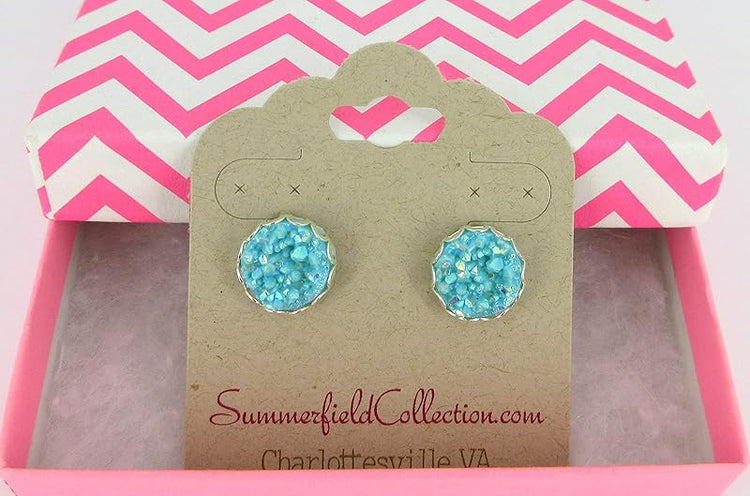 Summerfield Collection Silver-tone Faux Druzy Stone Stud Earrings 12mm (Robin Egg Blue AB)