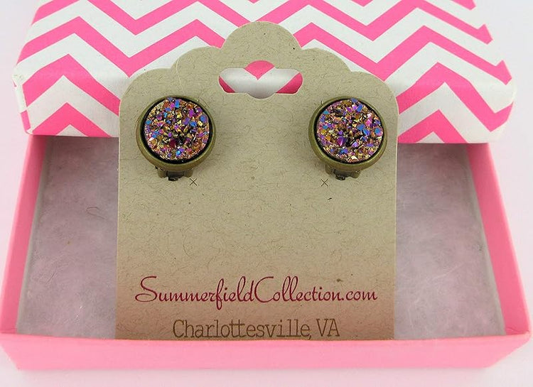 Summerfield Collection CLIP-ON Antiqued Gold-tone Faux Druzy Stone Stud Earrings 12mm (Gold/Pink/Teal Metallic)