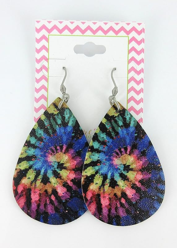 Summerfield Collection Tie Dye Faux Leather Large Teardrop Dangle Earrings Stainless Steel Black Rainbow