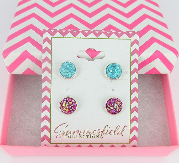 Summerfield Collection Duo Silver-tone Faux Druzy Stone Stud Earrings 8mm Set (Aqua Blue/Deep Pink AB)