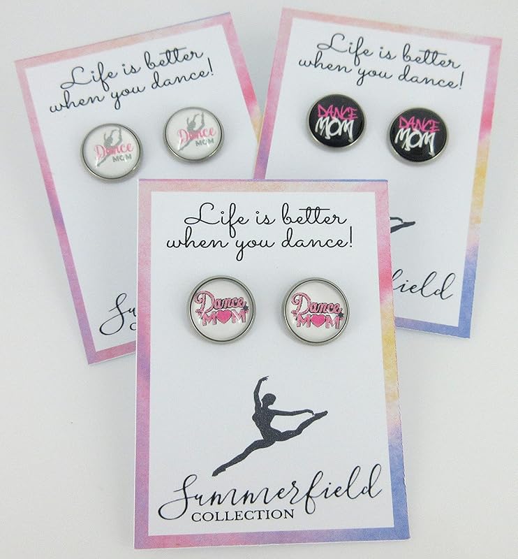 Summerfield Collection Stainless Steel Dance Mom Print Glass Stud Earrings 12mm (White Gray and Pink)