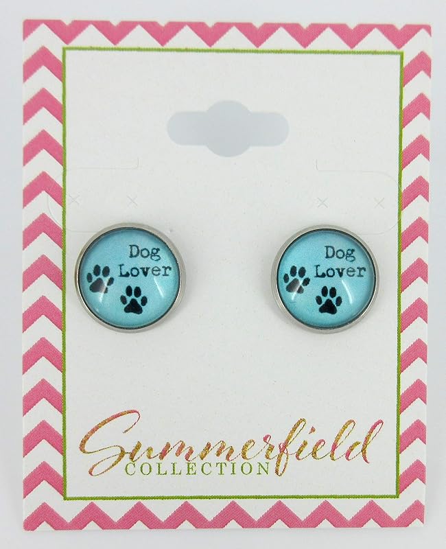 Summerfield Collection Stainless Steel Blue Dog Lover Paw Print Glass Stud Earrings 12mm