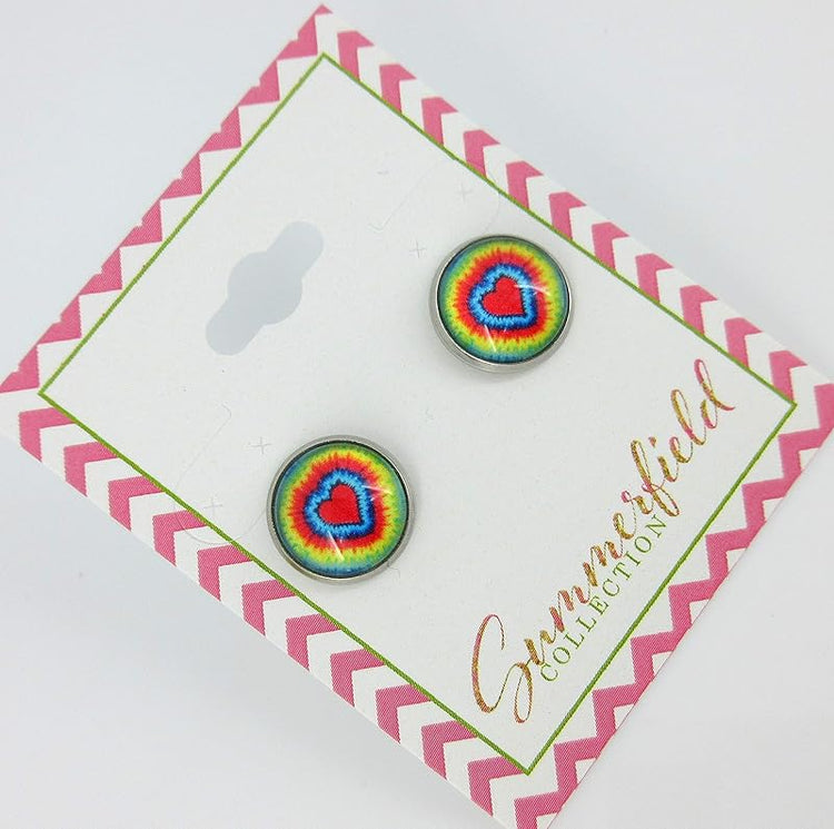 Summerfield Collection Stainless Steel Tie Dye Print Glass Stud Earrings 12mm (Heart)
