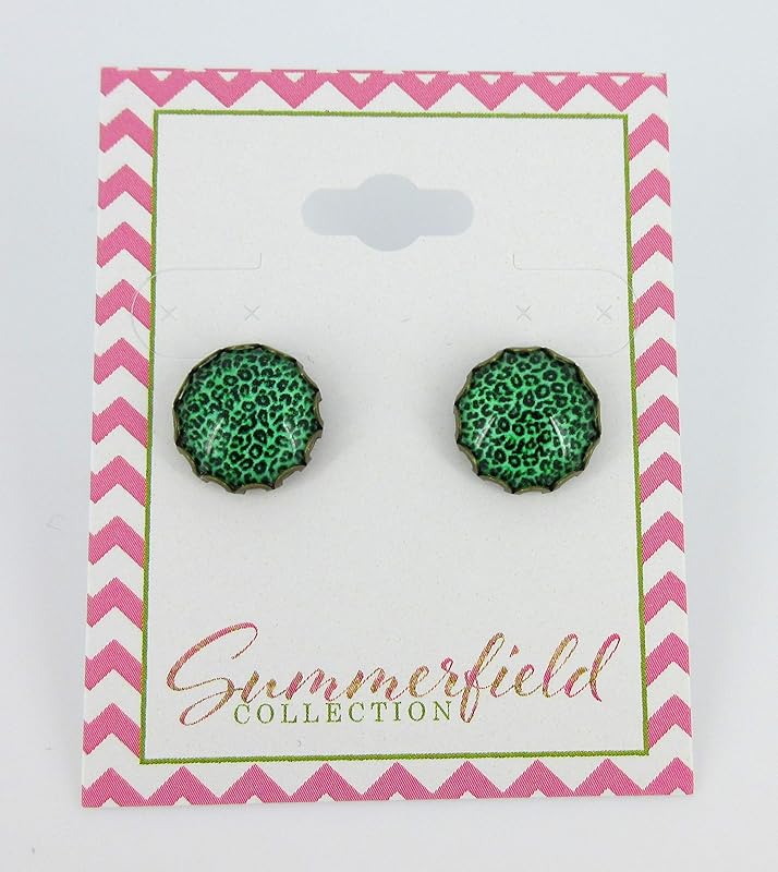 Summerfield Collection Antiqued Gold-tone Animal Print Glass Stud Earrings 12mm (Grass Green)