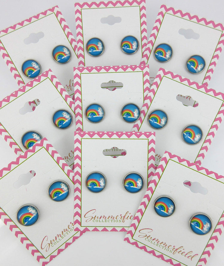 Stainless Steel Unicorn Licking Rainbow Print Glass Stud Earrings 12mm