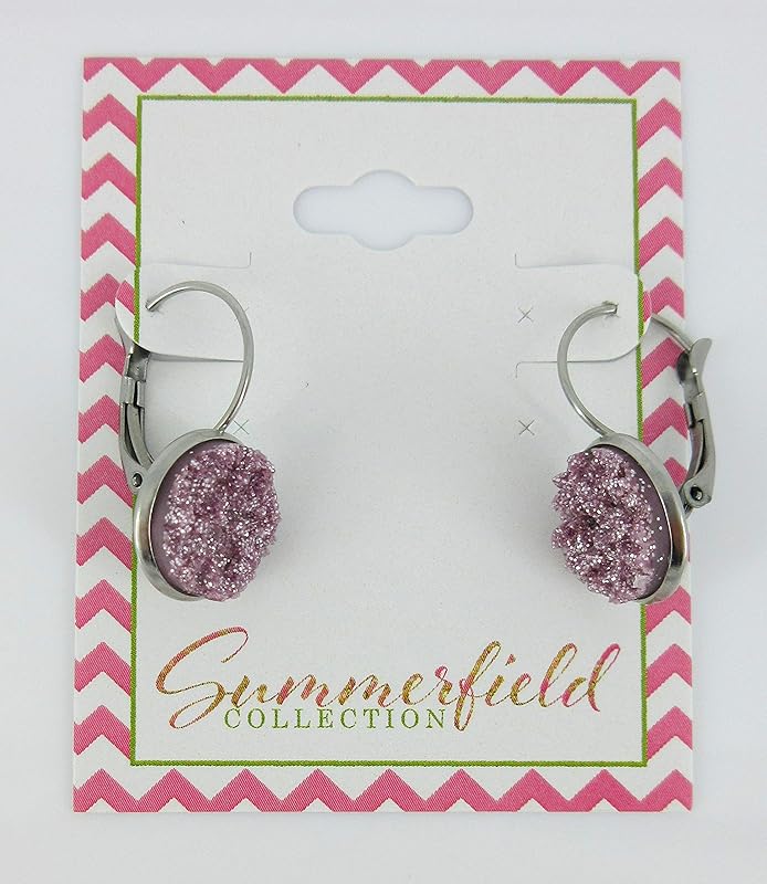 Summerfield Collection Stainless Steel Lilac Glitter Faux Druzy Stone Lever-back Drop Earrings 12mm