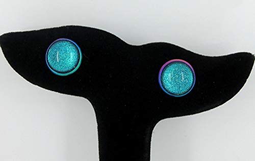 Rainbow Stainless Steel Metallic Aqua Blue Glitter Glass Stud Earrings Hand-painted 12mm