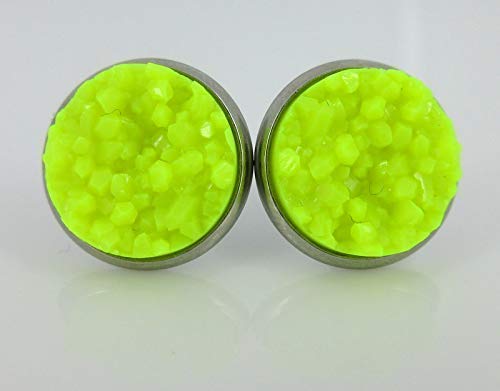 Duo Endless Summer Stainless Steel Neon Pink and Yellow Faux Druzy Stone 12mm Stud Earrings Set