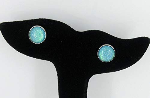 Stainless Steel Ocean Green Blue Glitter Glass Stud Earrings Hand-painted 10mm