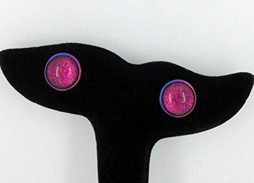Rainbow Stainless Steel Metallic Glitter Glass Stud Earrings Hand-painted 12mm (Pink)