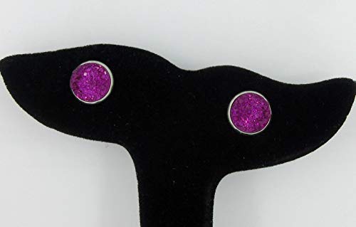 Stainless Steel Deep Magenta Faux Druzy Stone Stud Earrings