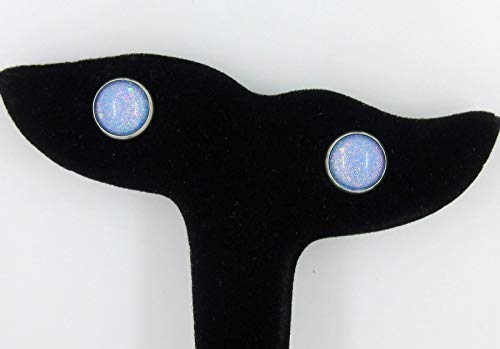 Stainless Steel Sky Blue and Rainbow Glitter Flake Glass Stud Earrings Hand-painted 10mm