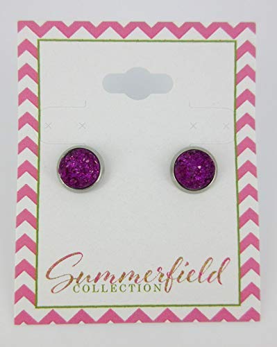 Stainless Steel Deep Magenta Faux Druzy Stone Stud Earrings 8mm