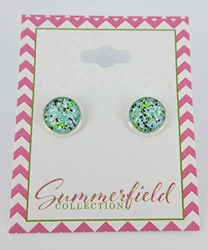 Silver-tone Blue Black Green White Glitter Glass Stud Earrings Hand-painted 10mm