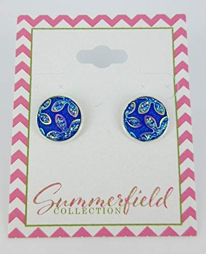 Silver-tone Royal Blue Frosted Flower Metallic Rainbow Stud Earrings 12mm