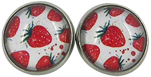 Stainless Steel Strawberry Printed Glass Stud Earrings 12mm