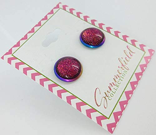 Rainbow Stainless Steel Metallic Glitter Glass Stud Earrings Hand-painted 12mm (Pink)