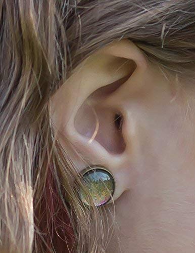 Antiqued Gold-tone Rainbow Color-shifting Glitter Flake Glass Stud Earrings