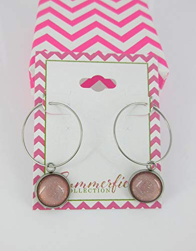 Stainless Steel Light Pink Glass Charm Hoop Earrings Hand-painted 1"