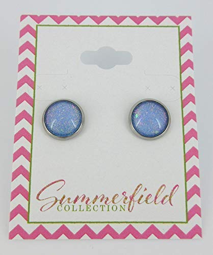 Stainless Steel Sky Blue and Rainbow Glitter Flake Glass Stud Earrings Hand-painted 10mm