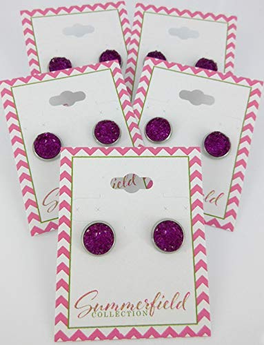 Stainless Steel Deep Magenta Faux Druzy Stone Stud Earrings