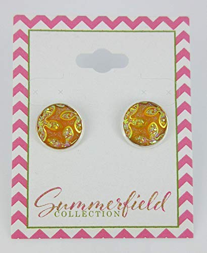 Silver-tone Orange Yellow Frosted Flower Metallic Rainbow Stud Earrings 12mm