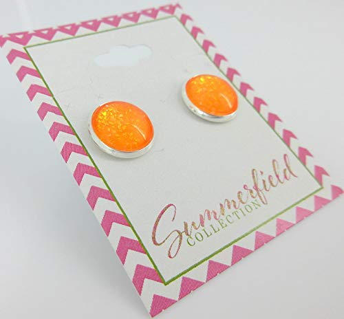 Silver-tone Neon Orange Glitter Glass Stud Earrings Hand-painted 12mm