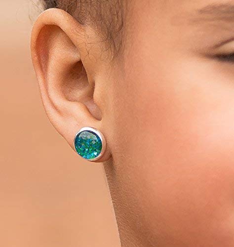 Silver-tone Aqua Blue and Green Glitter Glass Stud Earrings Hand-painted 10mm