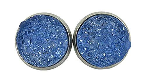 Stainless Steel Glacier Blue Faux Druzy Stone Stud Earrings