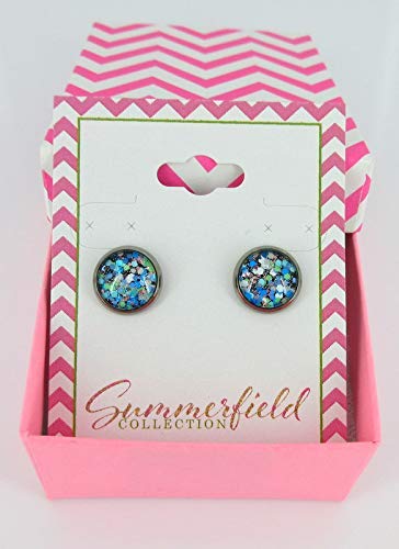 Hematite-tone Blue Green White Glitter Glass Stud Earrings Hand-painted 10mm