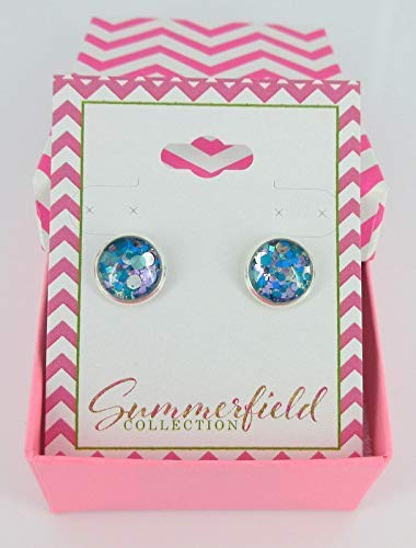 Silver-tone Blue and Purple Glitter Glass Stud Earrings Hand-painted 10mm