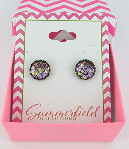 Antiqued Gold-tone Purple Glitter Glass Stud Earrings Hand-painted 10mm