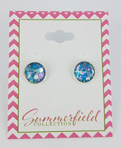 Silver-tone Blue and Purple Glitter Glass Stud Earrings Hand-painted 10mm