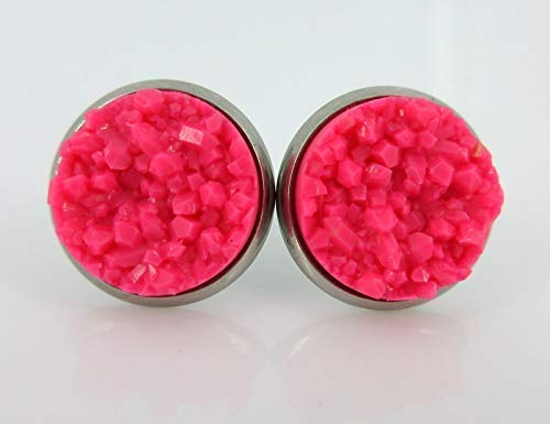 Duo Endless Summer Stainless Steel Neon Pink and Yellow Faux Druzy Stone 12mm Stud Earrings Set