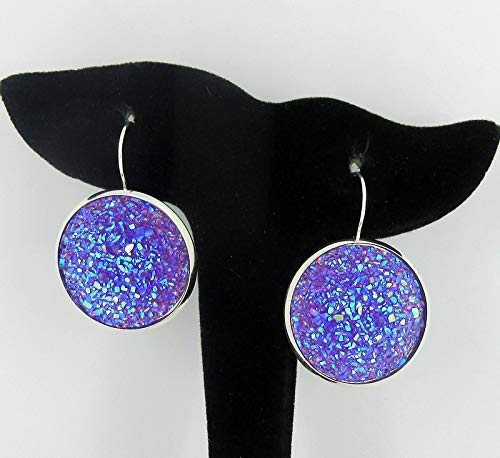 Silver-tone Purple Faux Druzy Stone Lever-back Drop Earrings Large 25mm