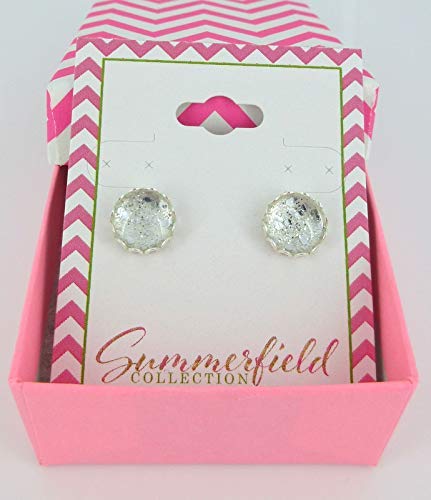 Silver-tone Glitter Glass Stud Earrings Hand-painted 10mm